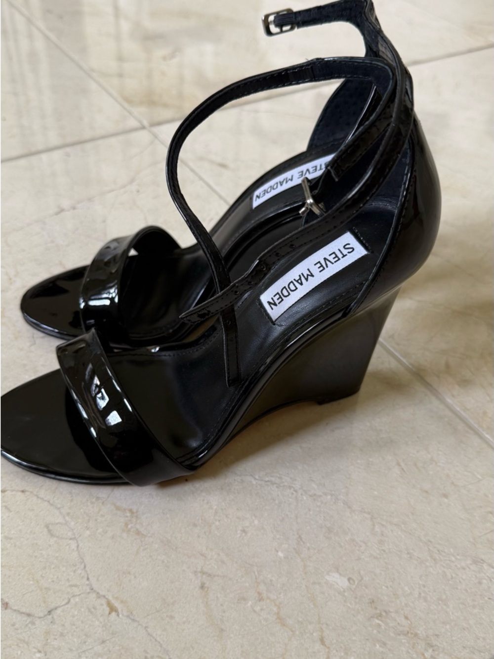 Steve Madden Black Patent Wedge Sandals with Ankle Straps